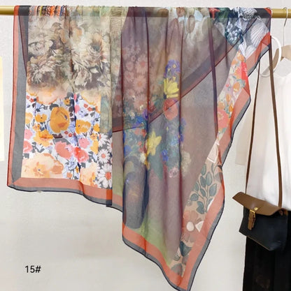 Wholesale Floral Print Square Scarves for Women Summer Silk-cotton Scarf