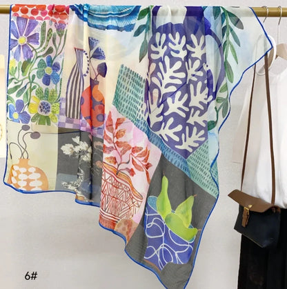 Wholesale Floral Print Square Scarves for Women Summer Silk-cotton Scarf