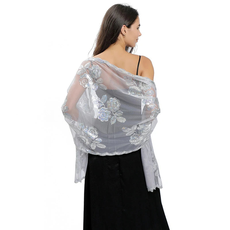 White Embroidered Sequins Scarf