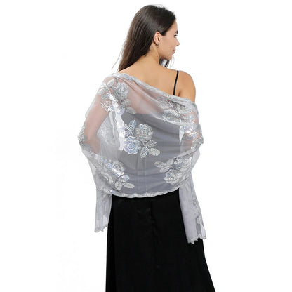 White Embroidered Sequins Scarf