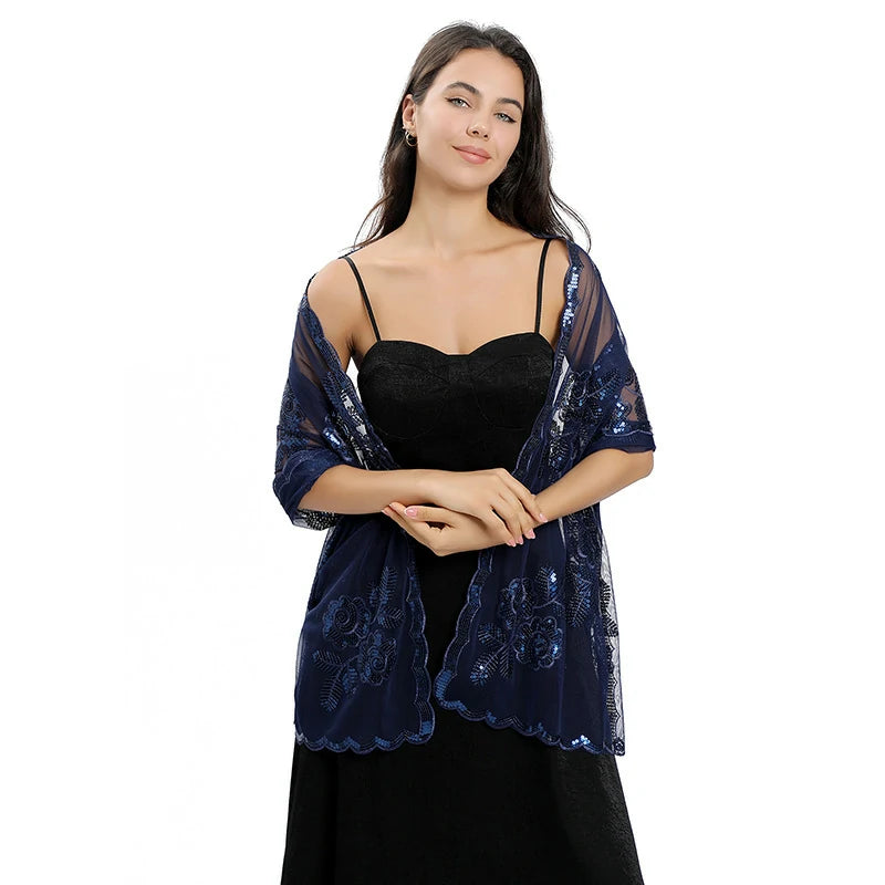 Blue Embroidered Sequins Scarf