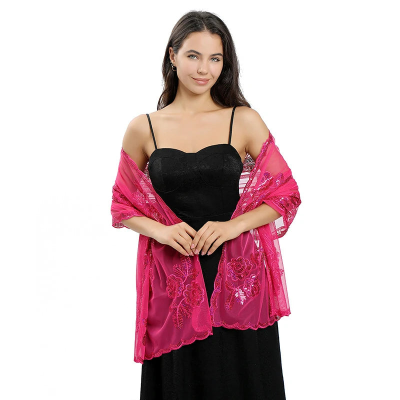 Red Embroidered Sequins Scarf