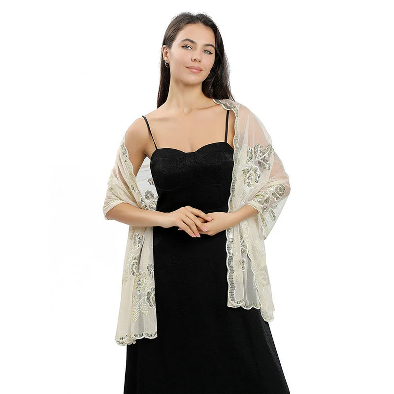 White Embroidered Sequins Scarf