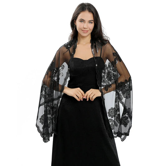 Black Embroidered Sequins Scarf