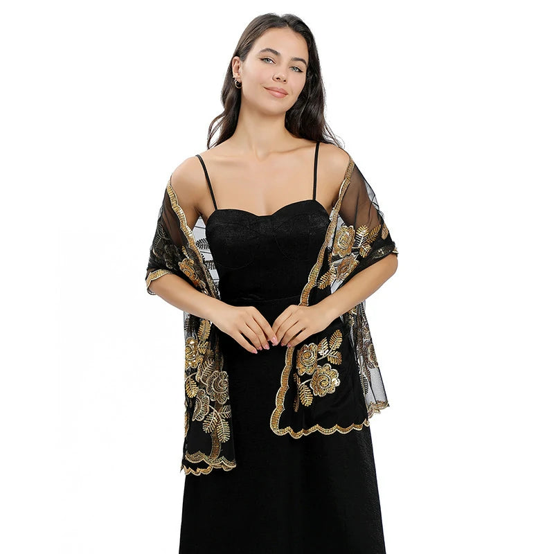 Black and gold Embroidered Sequins Scarf