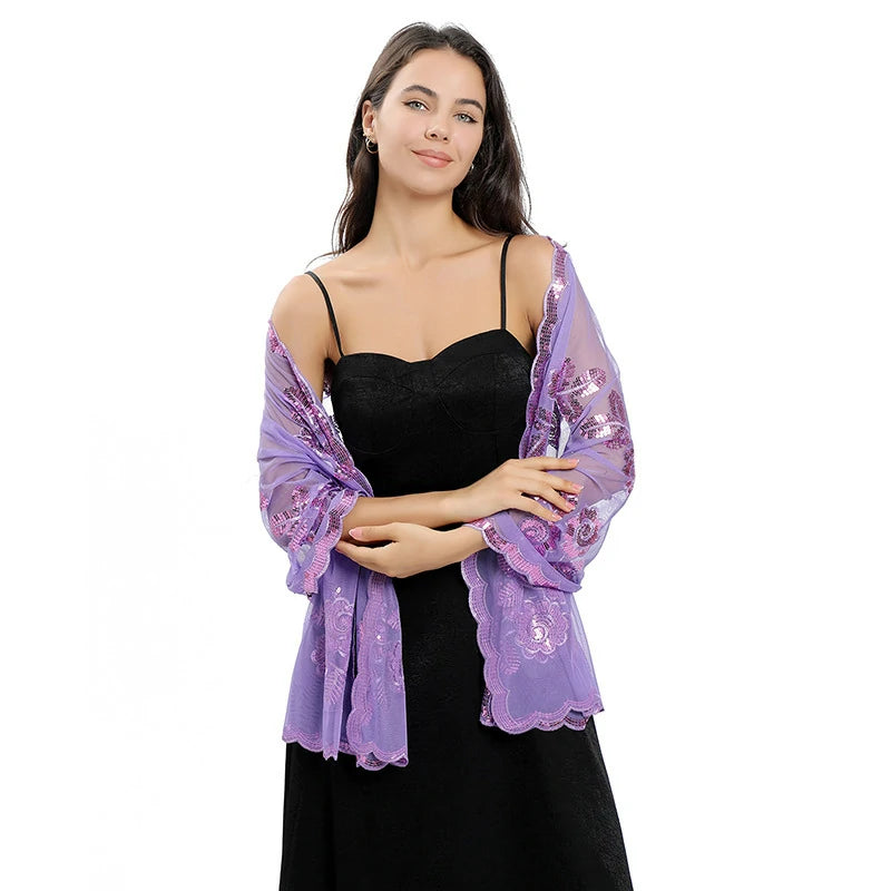 Purple Embroidered Sequins Scarf