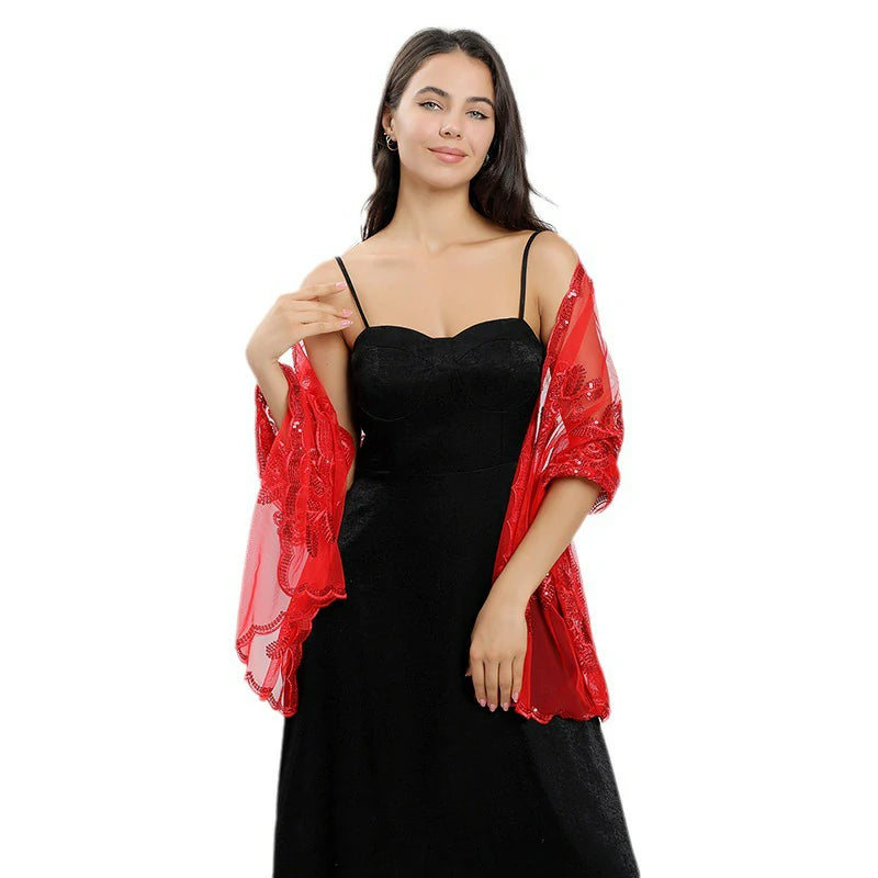 Red Embroidered Sequins Scarf