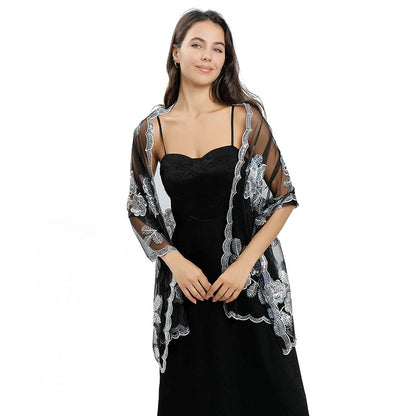 Black and white Embroidered Sequins Scarf