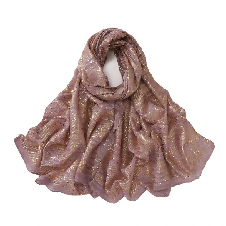 Wholesale Gold Foil Leaf Pattern Chiffon Scarf Elegant Metallic Leaf Print Hijab