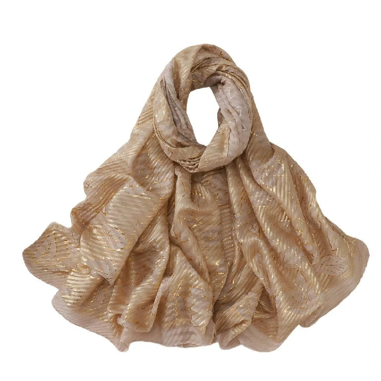 Wholesale Gold Foil Leaf Pattern Chiffon Scarf Elegant Metallic Leaf Print Hijab