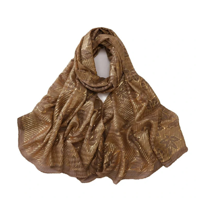Wholesale Gold Foil Leaf Pattern Chiffon Scarf Elegant Metallic Leaf Print Hijab
