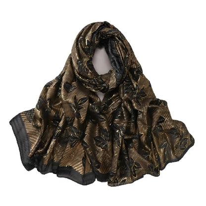 Wholesale Gold Foil Leaf Pattern Chiffon Scarf Elegant Metallic Leaf Print Hijab