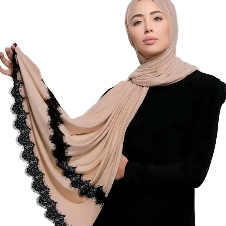 Wholesale High Quality Breathable Jersey Scarf with Scalloped Lace Detailing