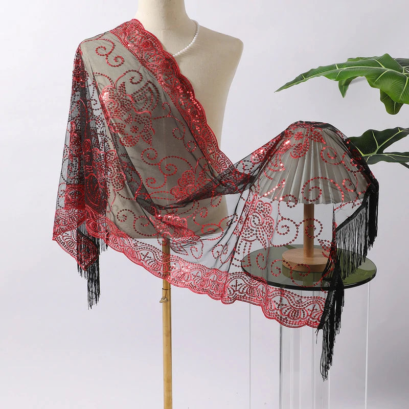 Black and red sequined shawl