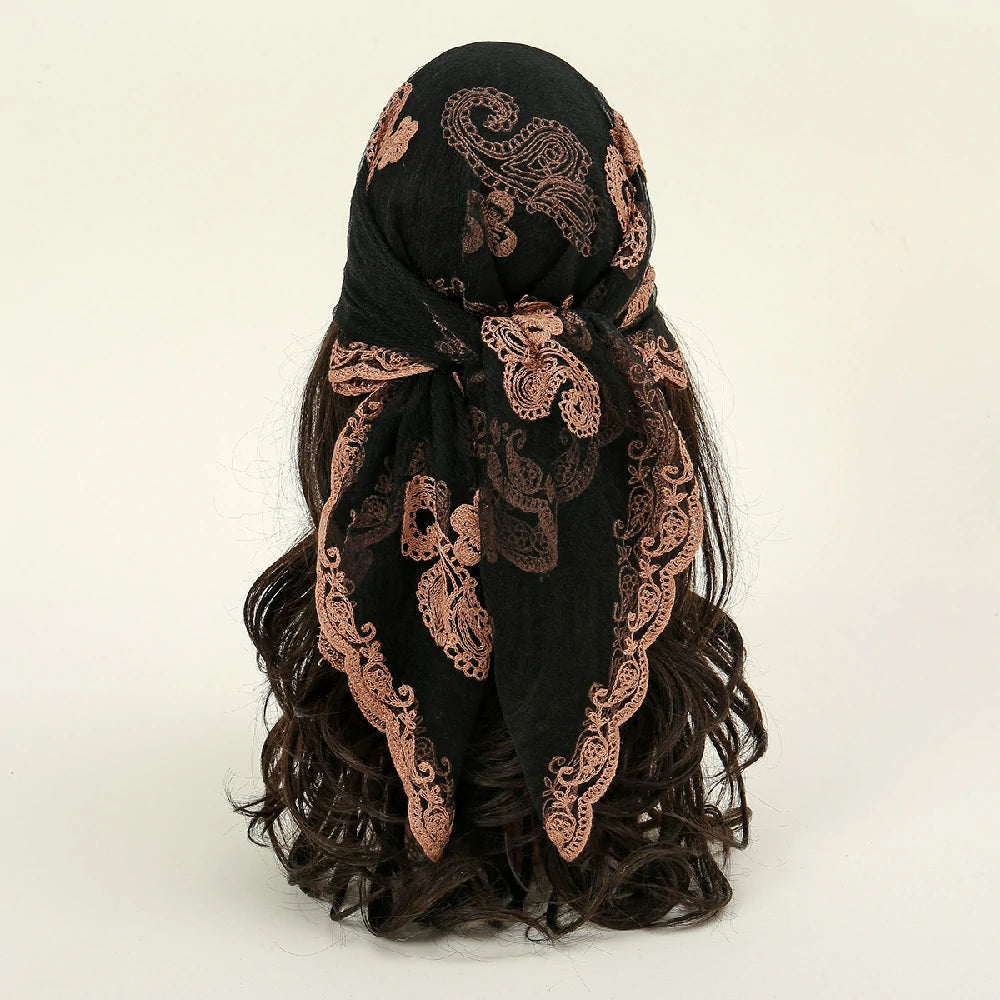 Black Cashew Flowers Embroidered Square Scarf