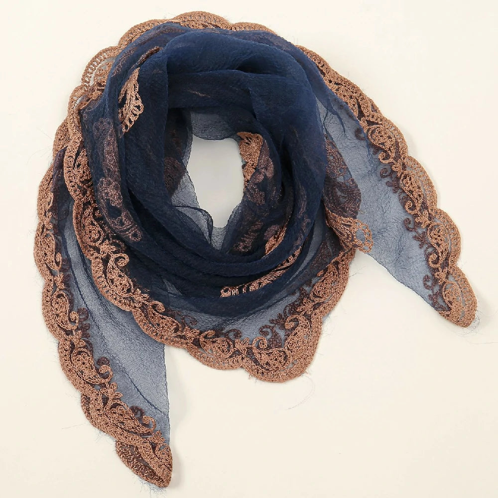 Navy blue Cashew Flowers Embroidered Square Scarf