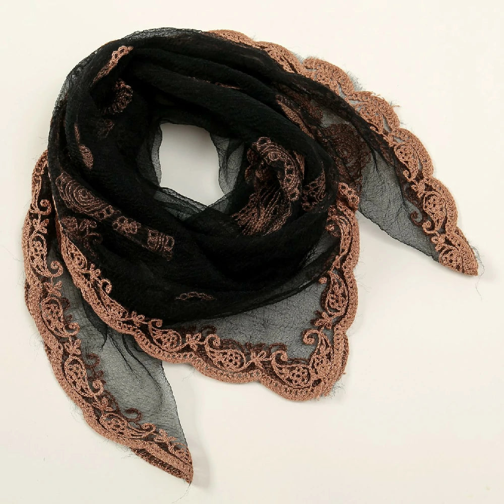 Black Cashew Flowers Embroidered Square Scarf