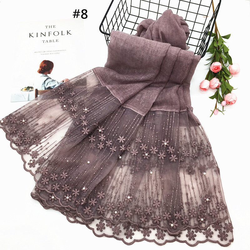 Wholesale Lightweight Chiffon Scarf With Pearl And Lace Trim Modest Fashion Hijab