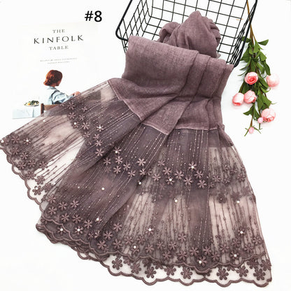 Wholesale Lightweight Chiffon Scarf With Pearl And Lace Trim Modest Fashion Hijab