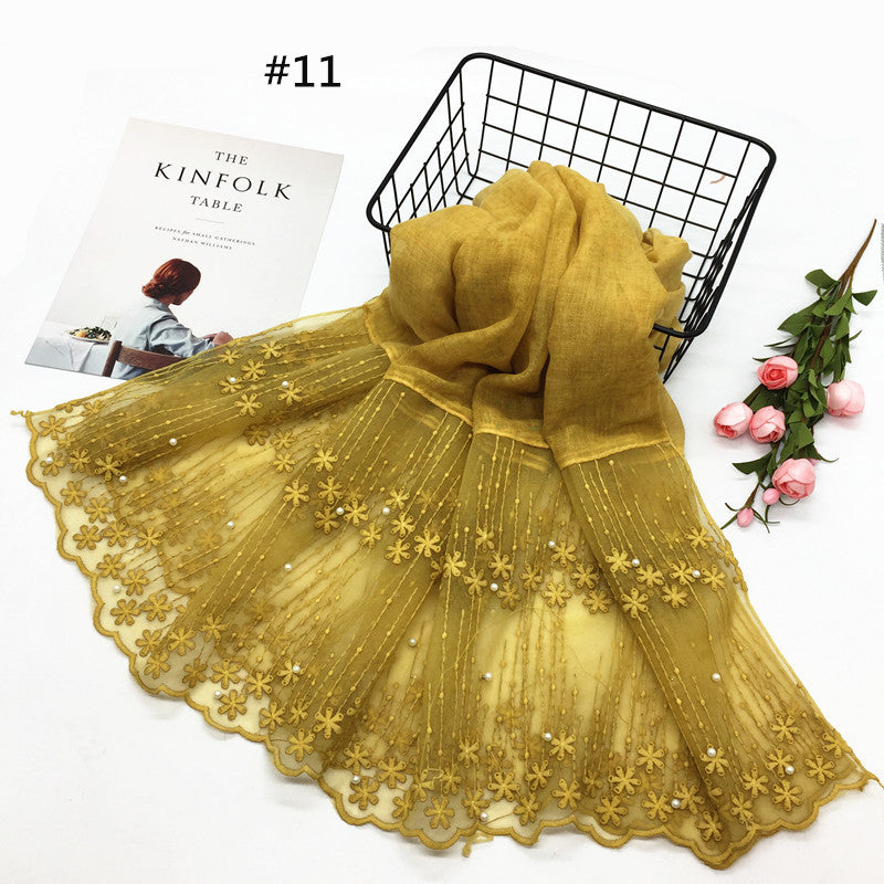 Wholesale Lightweight Chiffon Scarf With Pearl And Lace Trim Modest Fashion Hijab