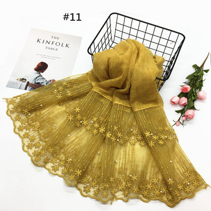 Wholesale Lightweight Chiffon Scarf With Pearl And Lace Trim Modest Fashion Hijab