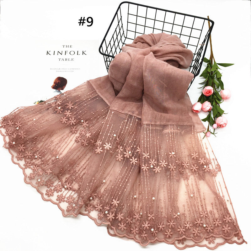 Wholesale Lightweight Chiffon Scarf With Pearl And Lace Trim Modest Fashion Hijab