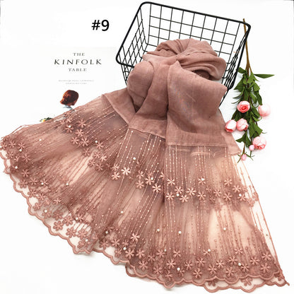 Wholesale Lightweight Chiffon Scarf With Pearl And Lace Trim Modest Fashion Hijab