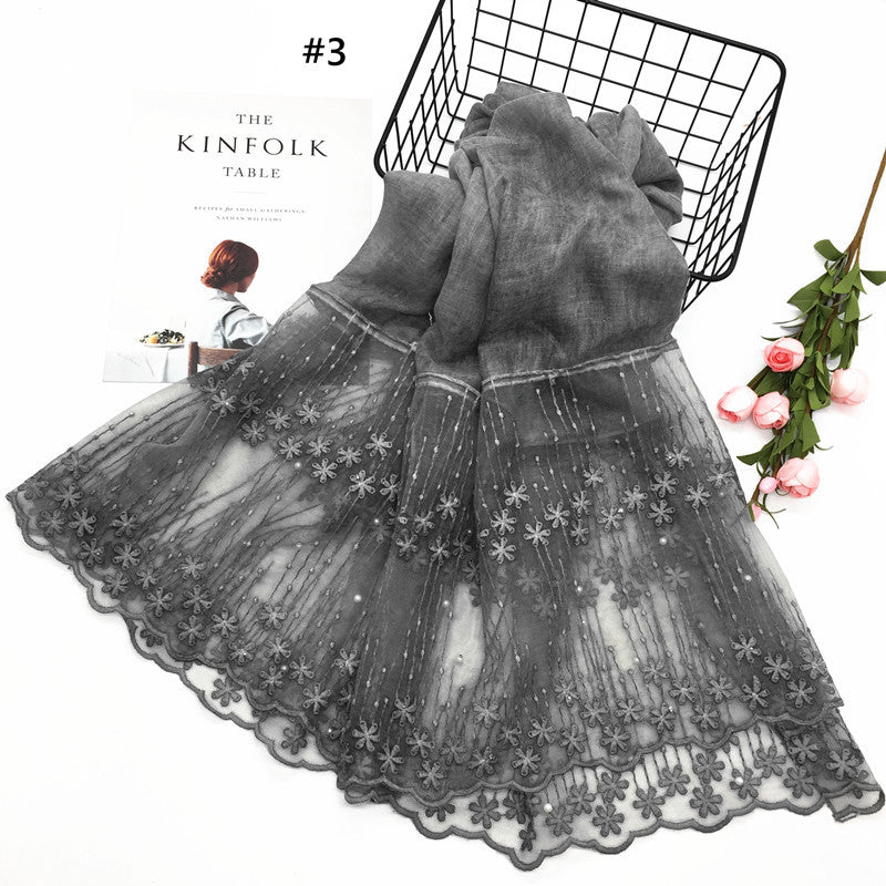 Wholesale Lightweight Chiffon Scarf With Pearl And Lace Trim Modest Fashion Hijab