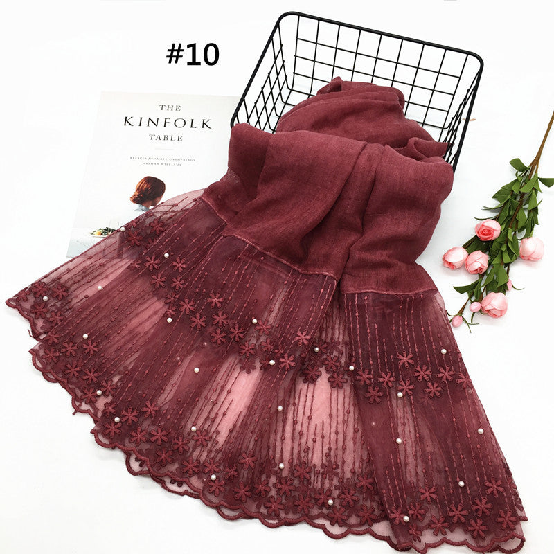 Wholesale Lightweight Chiffon Scarf With Pearl And Lace Trim Modest Fashion Hijab