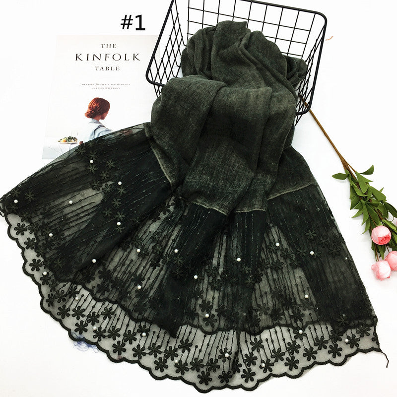 Wholesale Lightweight Chiffon Scarf With Pearl And Lace Trim Modest Fashion Hijab
