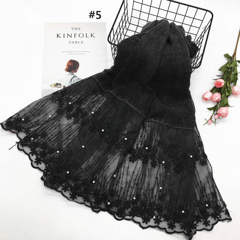 Wholesale Lightweight Chiffon Scarf With Pearl And Lace Trim Modest Fashion Hijab