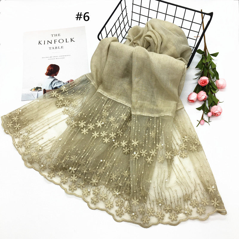 Wholesale Lightweight Chiffon Scarf With Pearl And Lace Trim Modest Fashion Hijab