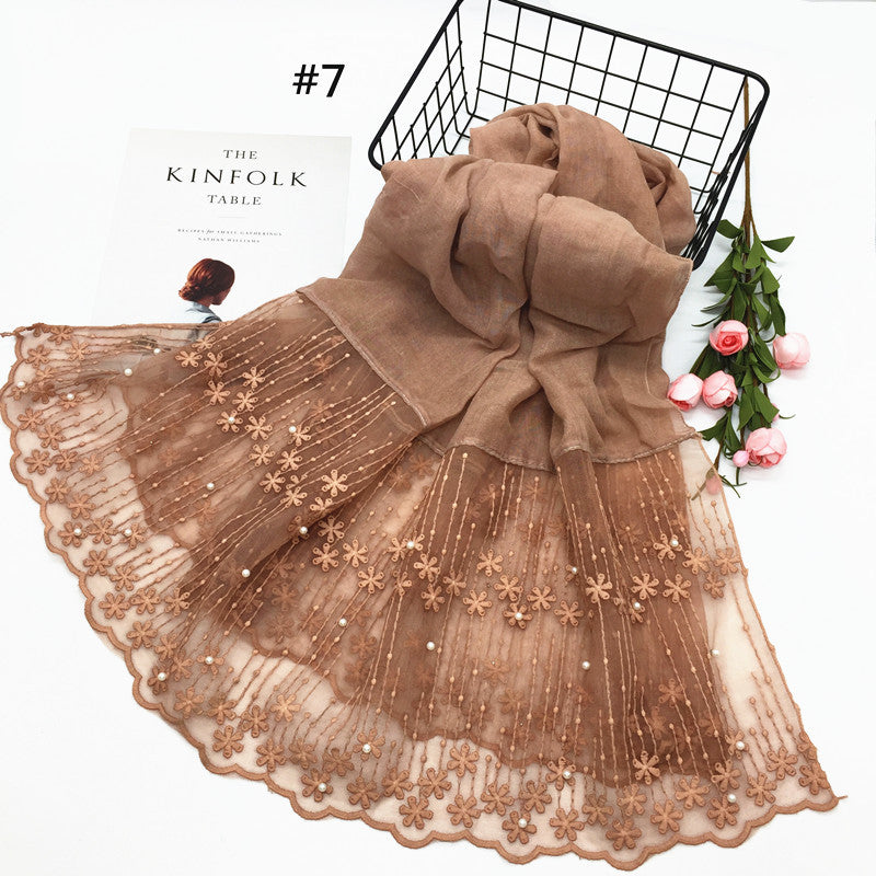 Wholesale Lightweight Chiffon Scarf With Pearl And Lace Trim Modest Fashion Hijab