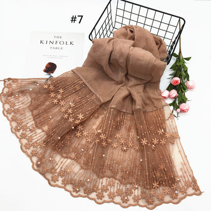 Wholesale Lightweight Chiffon Scarf With Pearl And Lace Trim Modest Fashion Hijab