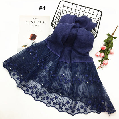 Wholesale Lightweight Chiffon Scarf With Pearl And Lace Trim Modest Fashion Hijab