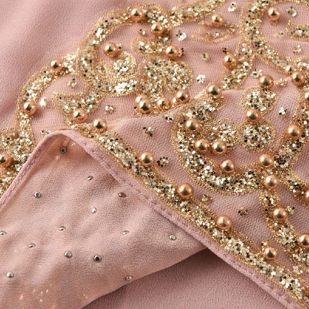 Wholesale Luxury Beaded Chiffon Hijab Gold Embroidery and Pearls