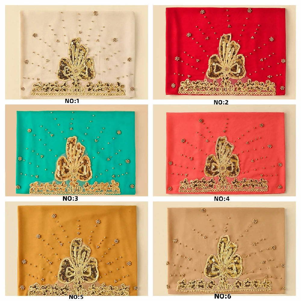 Wholesale Luxury Beaded Chiffon Hijab Gold Embroidery and Pearls