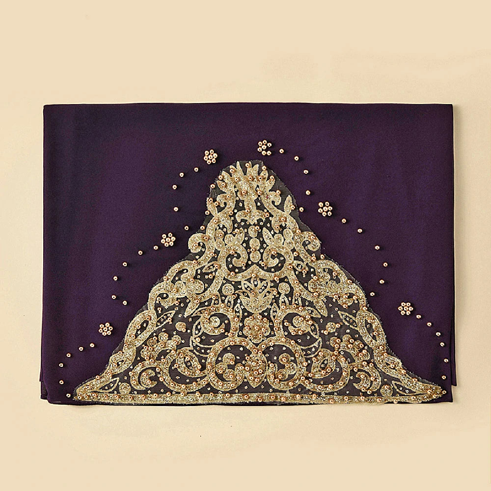 Wholesale Luxury Beaded Chiffon Hijab Gold Embroidery and Pearls