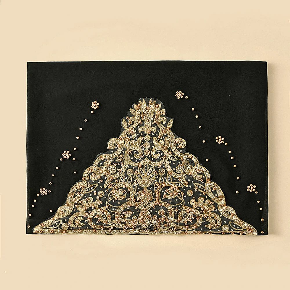 Wholesale Luxury Beaded Chiffon Hijab Gold Embroidery and Pearls