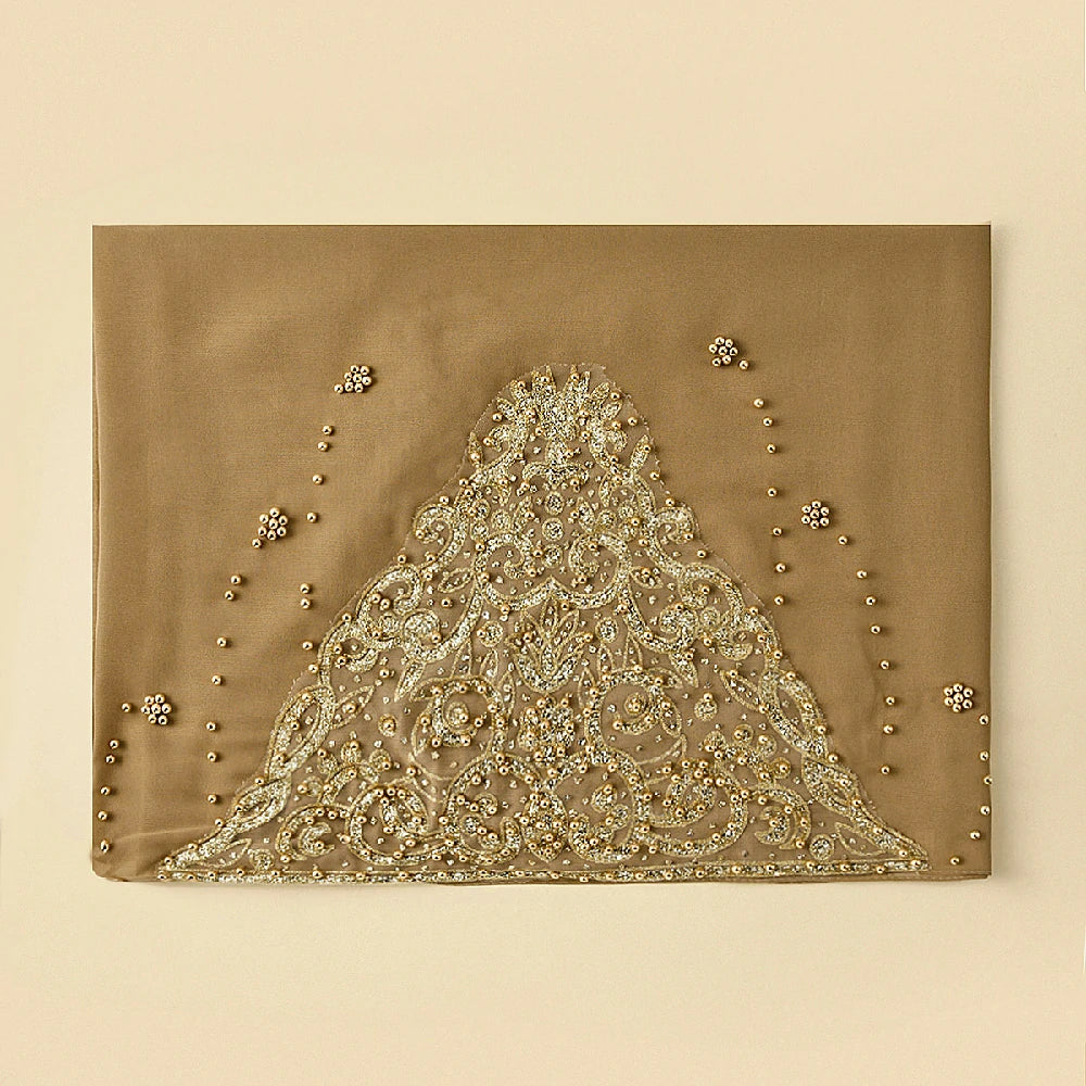 Wholesale Luxury Beaded Chiffon Hijab Gold Embroidery and Pearls