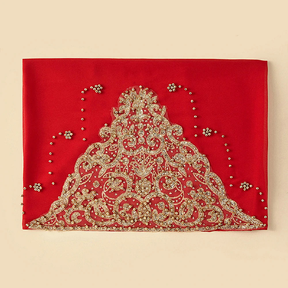 Wholesale Luxury Beaded Chiffon Hijab Gold Embroidery and Pearls
