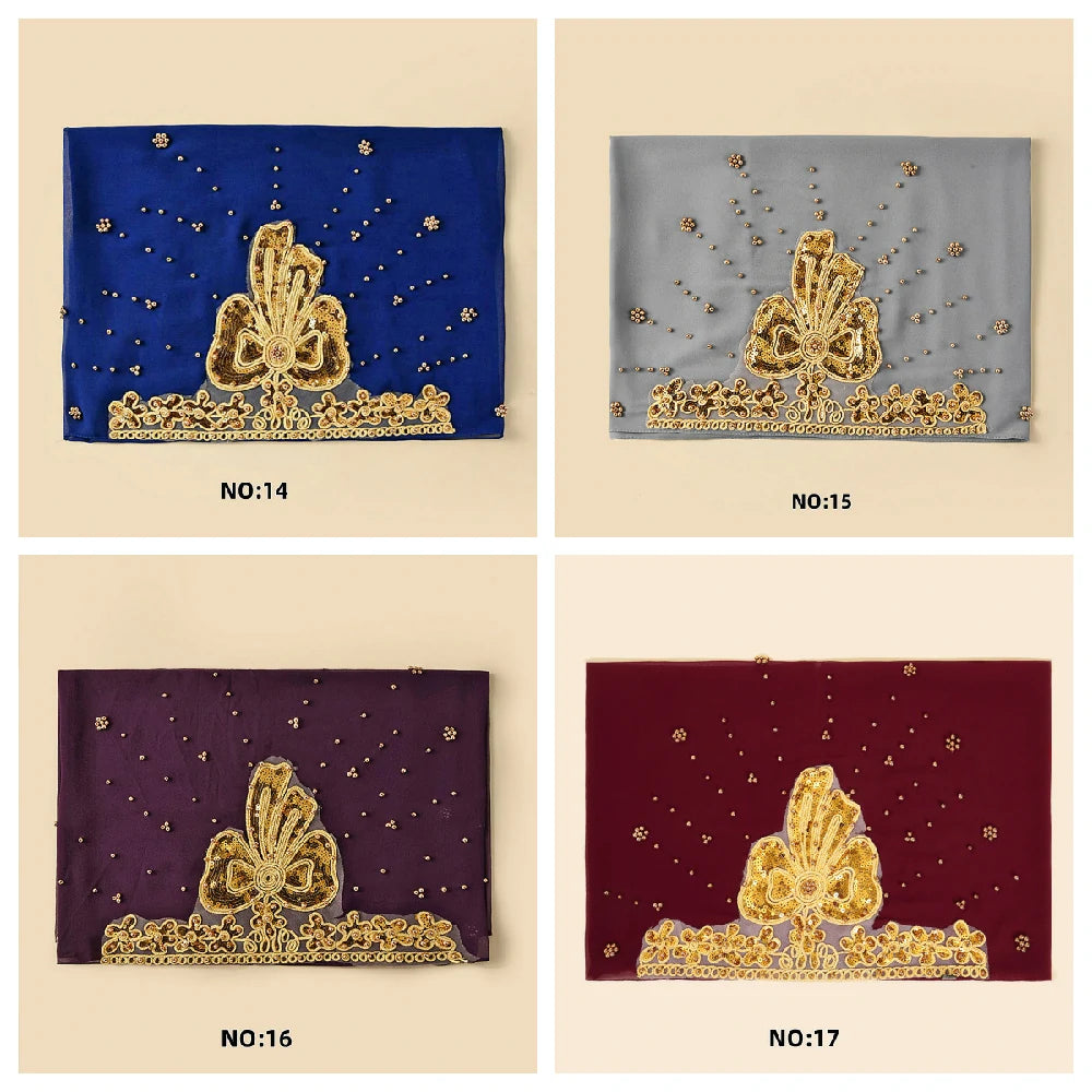 Wholesale Luxury Beaded Chiffon Hijab Gold Embroidery and Pearls