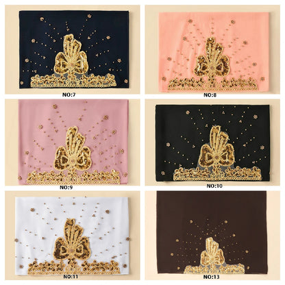 Wholesale Luxury Beaded Chiffon Hijab Gold Embroidery and Pearls