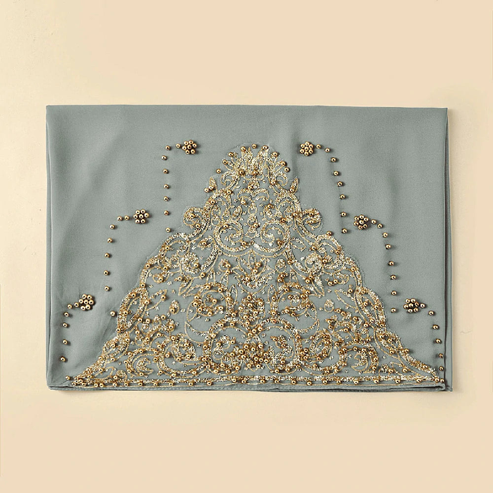 Wholesale Luxury Beaded Chiffon Hijab Gold Embroidery and Pearls