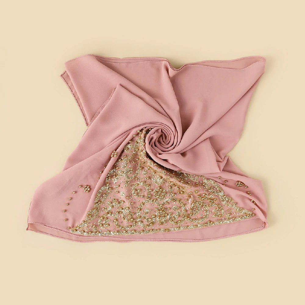 Wholesale Luxury Beaded Chiffon Hijab Gold Embroidery and Pearls