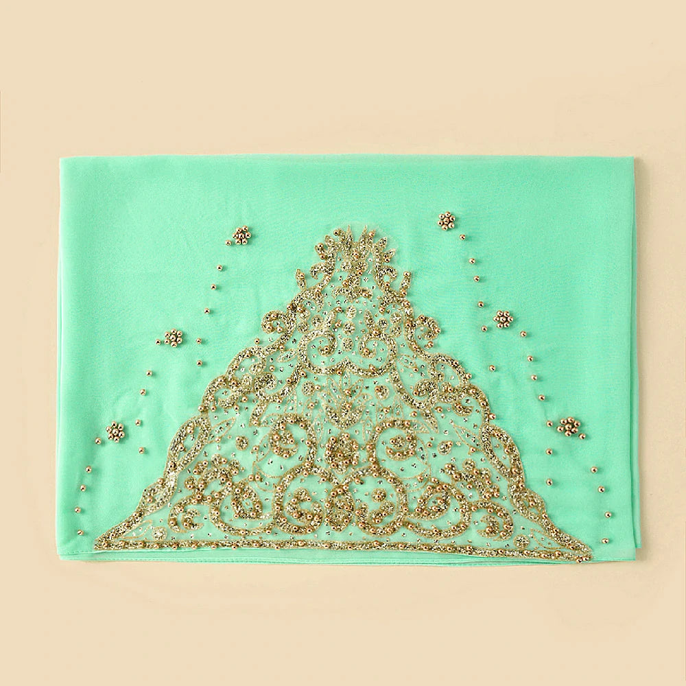 Wholesale Luxury Beaded Chiffon Hijab Gold Embroidery and Pearls