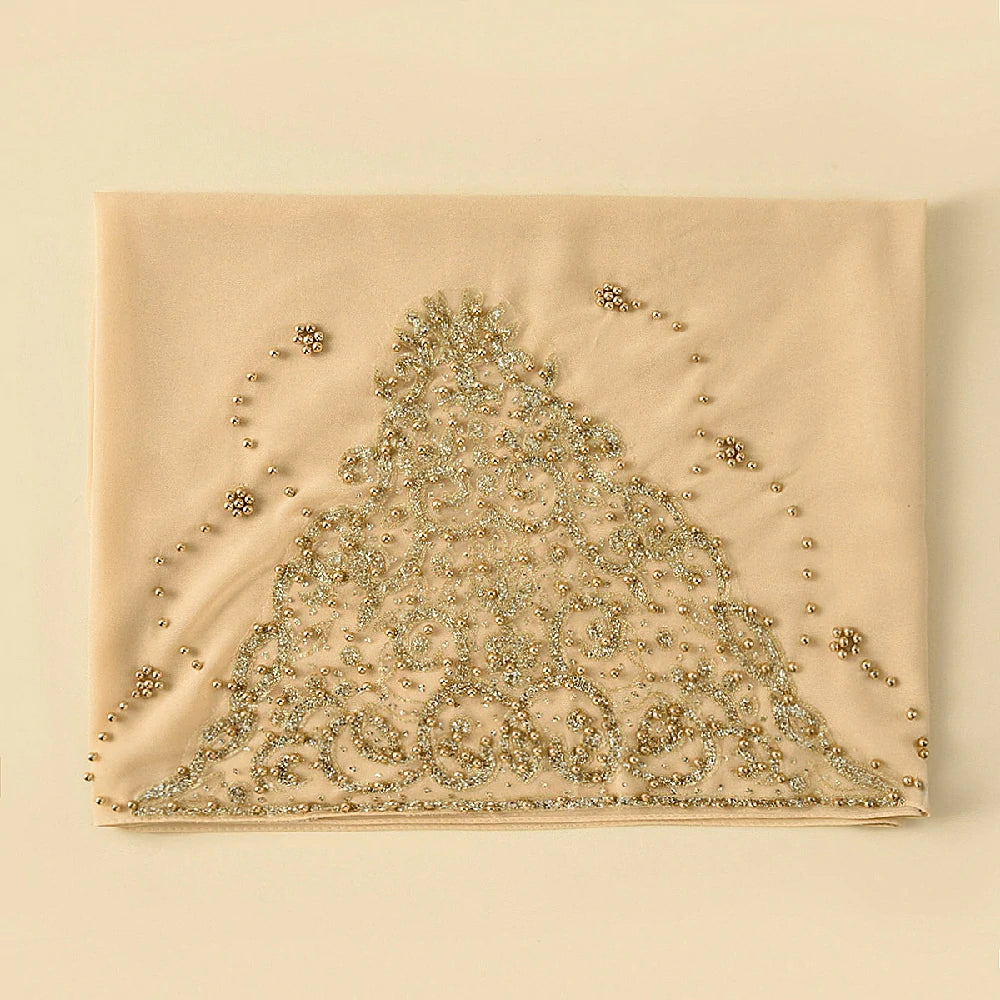 Wholesale Luxury Beaded Chiffon Hijab Gold Embroidery and Pearls