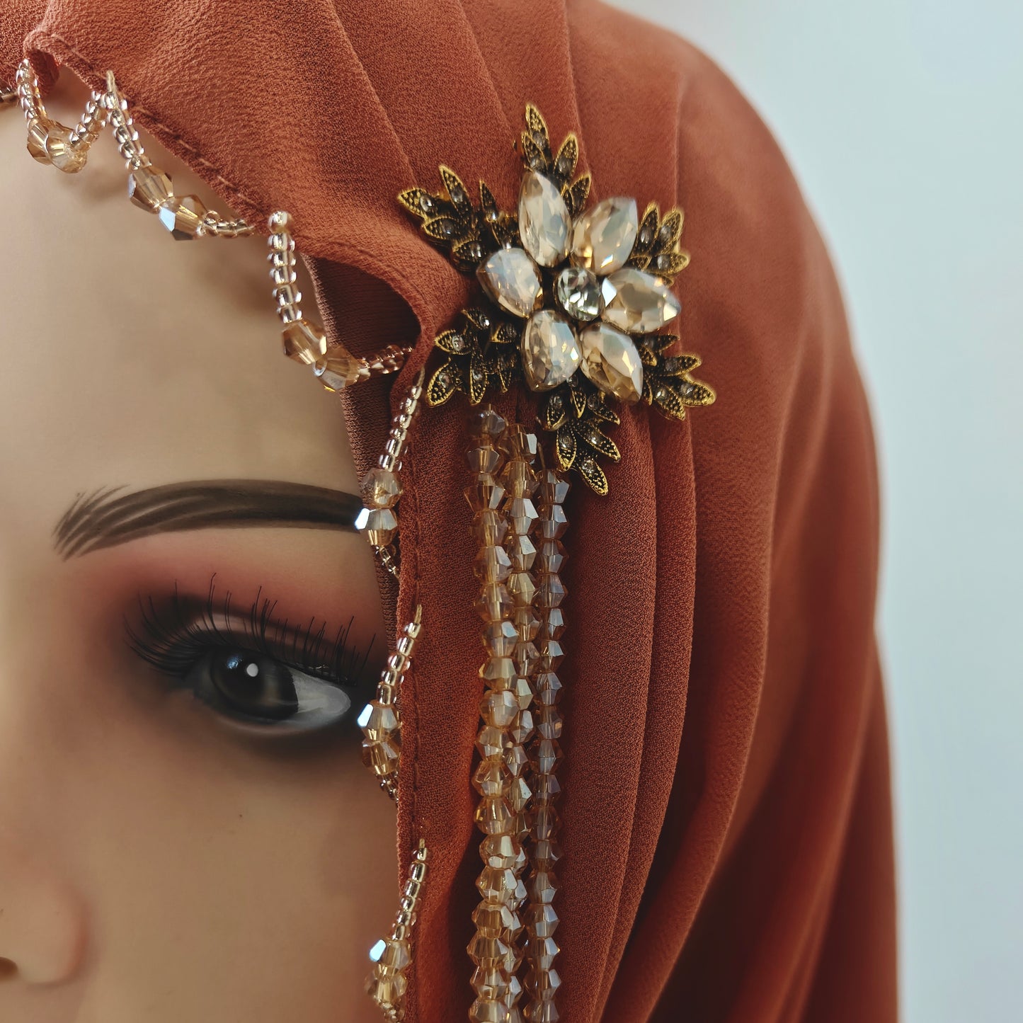Wholesale Luxury Brown Chiffon Hijab Pearl Drops Beaded Edges