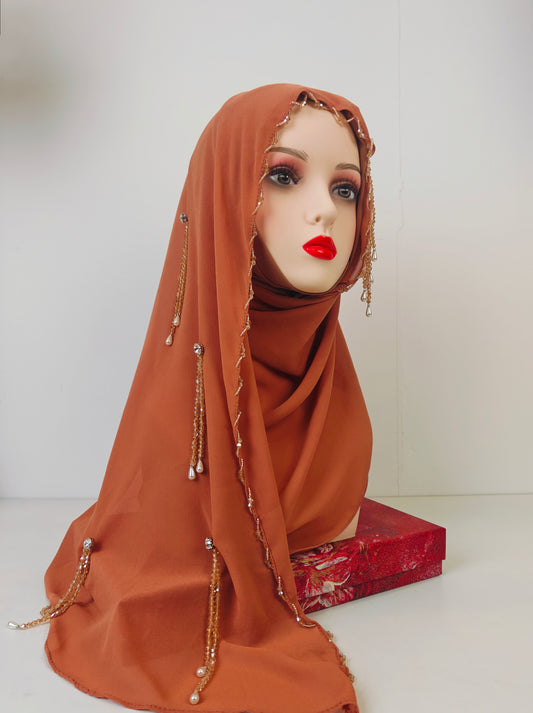 Wholesale Luxury Brown Chiffon Hijab Pearl Drops Beaded Edges