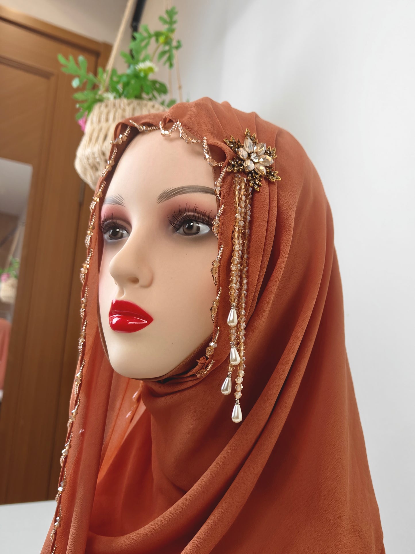 Wholesale Luxury Brown Chiffon Hijab Pearl Drops Beaded Edges